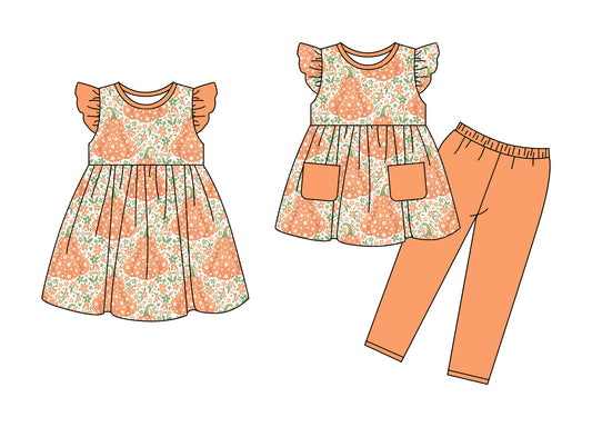 4.14 Custom moq 5 mix size Sibling Baby Girl's Pumpkin Halloween Flutter Sleeve Top Pants Set Matching  Dress Outfit Set
