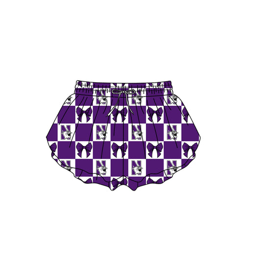 Custom moq 3 or 5 mix size milk silk summer teams baby girl clothes bow purple summer shorts-26.1.22