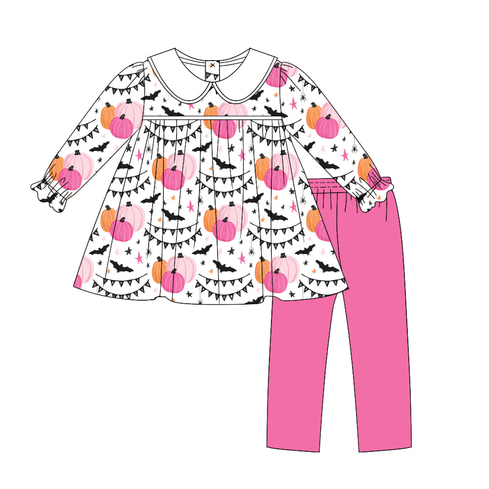 6.18 custom each style moq 5eta 4-6week Sibling Sister pumpkin bat pink baby girls sets and dress and briefs sets match family design