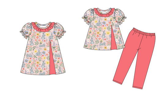 25.9.19 custom each style moq 8 eta 6-8week Sibling Sisters rabbit floral baby girl short sleeve pants sets and dress match family design