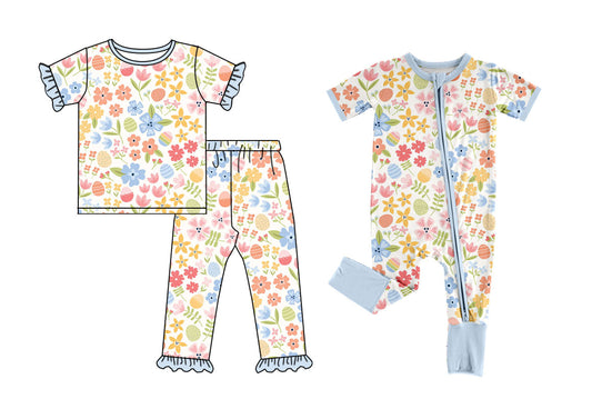 25.10.2 custom each style moq 8 eta 6-8week Sibling Sisters easter floral baby girl clothes short sleeve pants sets and romper match family design