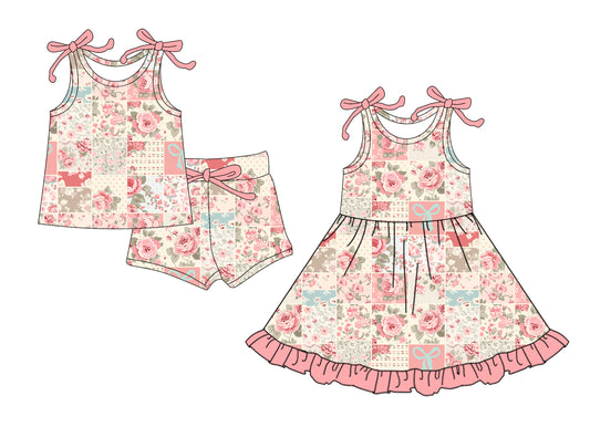 4.8 custom each style moq 5eta 4-6week Sibling Sister floral baby girl short sleeve shorts sets and dresses match design