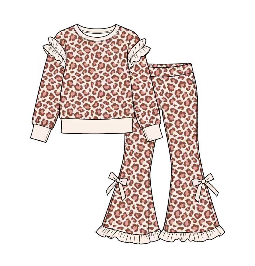 custom moq 5 mix size Baby Girls Leopard Print Ruffle Shoulder Long Sleeve Top And Bow Ruffle Bell Bottom Pants Fall Outfit Set