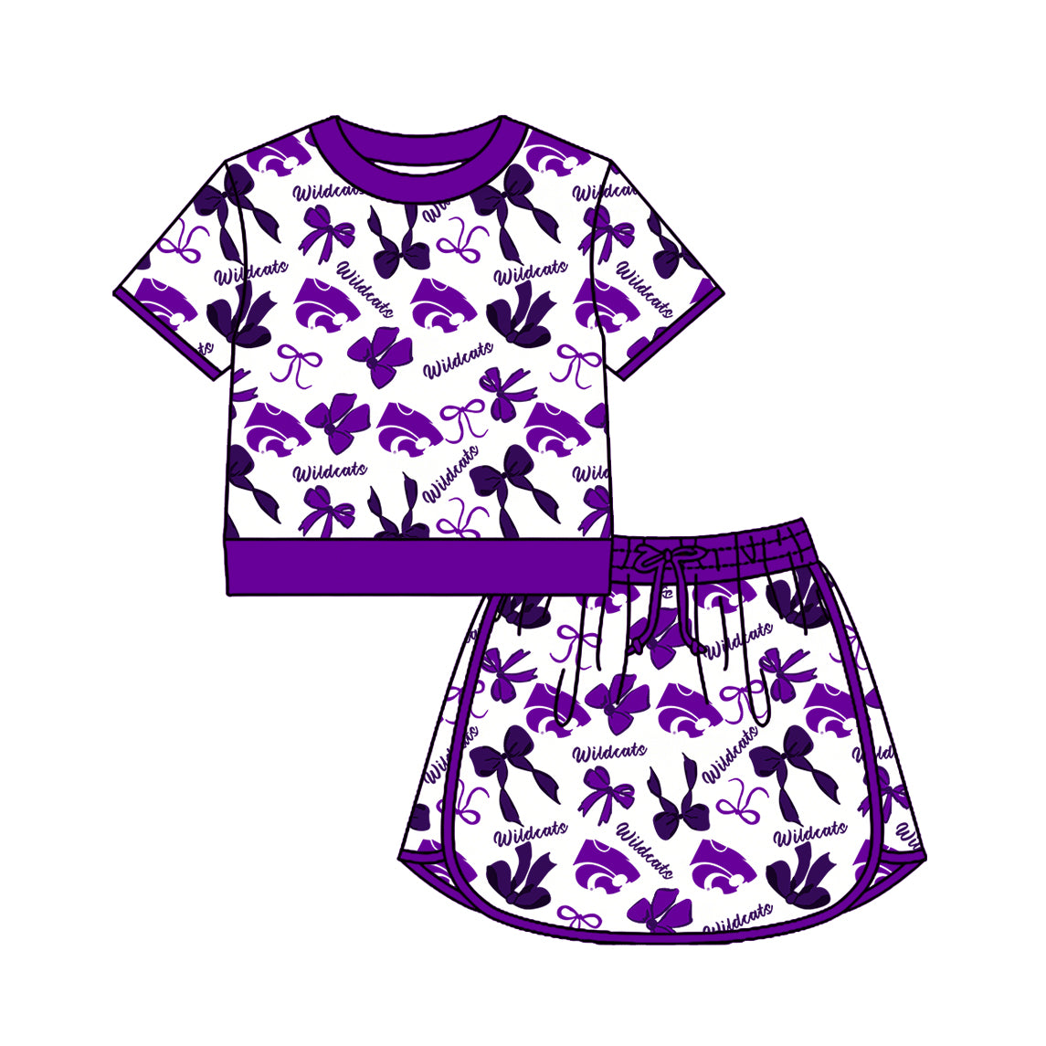 Custom moq 5 mix size summer teams Girls Polka Dot Top Shorts Set Purple Bows Top Skirt Short Set Zipper Pullover Pants Set