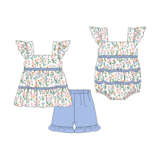 3.7 custom each style moq 5eta 4-6week Sibling Sister floral baby girl short sleeve shorts sets and romper match design