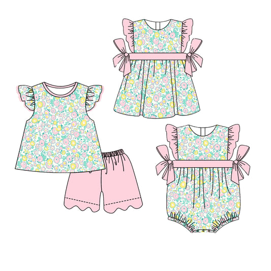 3.30 Custom moq 5 mix size Sibling Baby Girl's Colorful Flowers  Flutter Sleeve Top And Pink Scallop Shorts Set Cute Romper Dress for Summer