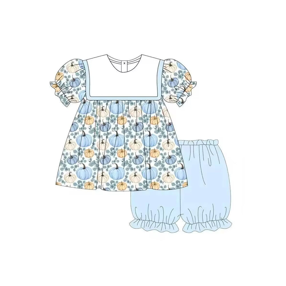 5.11custom each style moq 5eta 4-5week Sibling Sister pumpkin grass prints blue girls set and baby romper and dress match family design