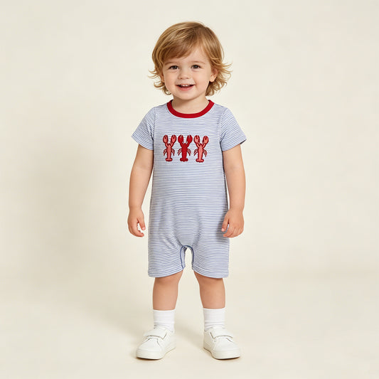 RTS NO MOQ milk silk SR4007 Baby Boys Cute Crayfish Embroidery Blue Stripe Casual Rompers