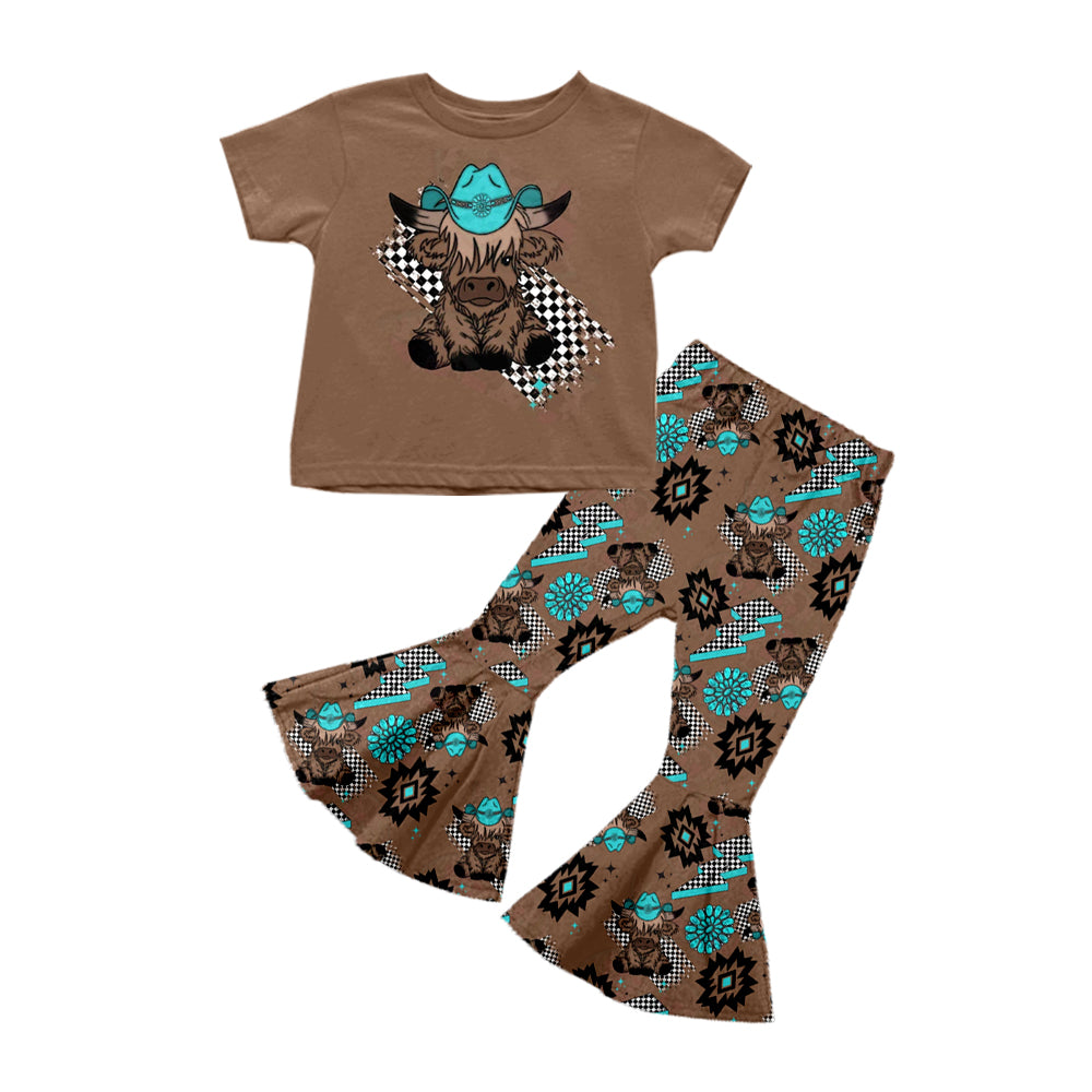 7.20 custom each style moq 5eta 4-6week baby girls clothes cow head brown short sleeve sets