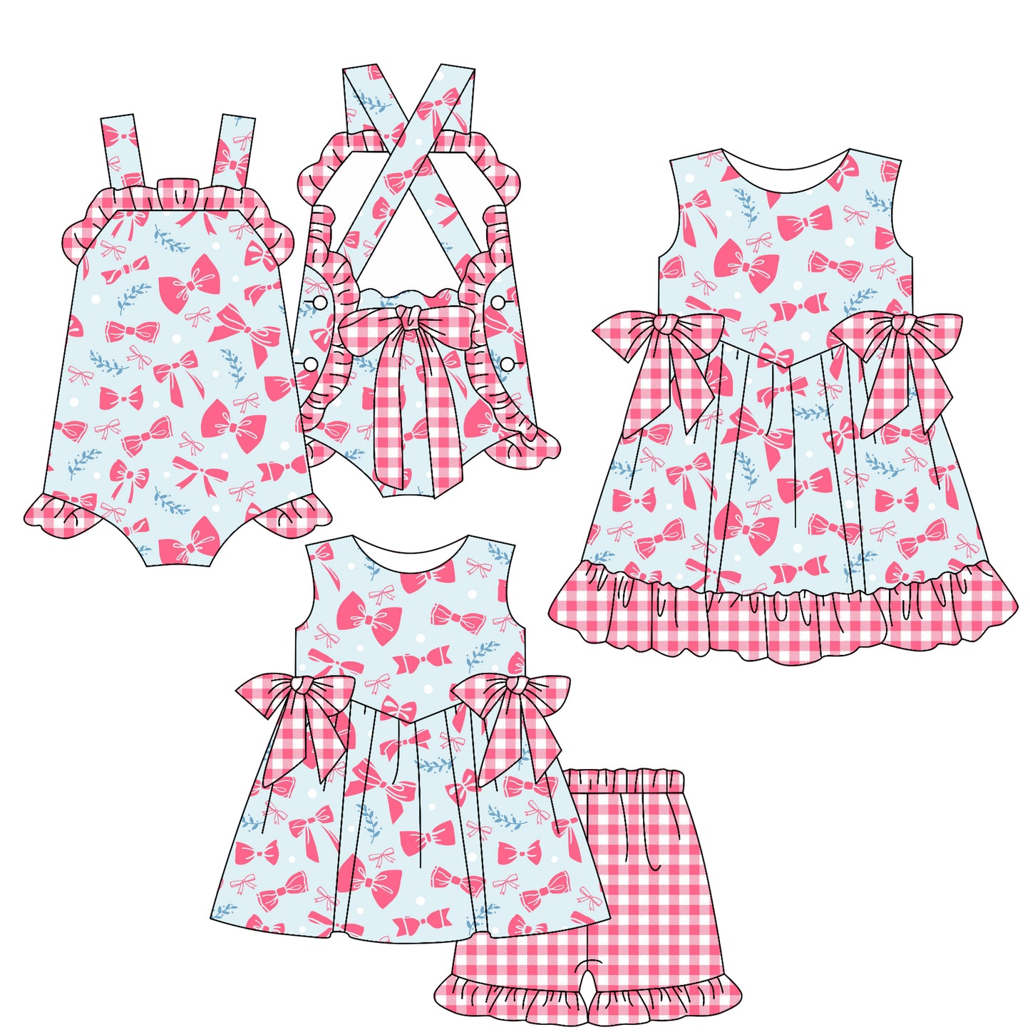2.19 custom each style moq 5eta 4-6week Sibling Sisters bow baby girl short sleeve shorts sets and dress and rompers match family design