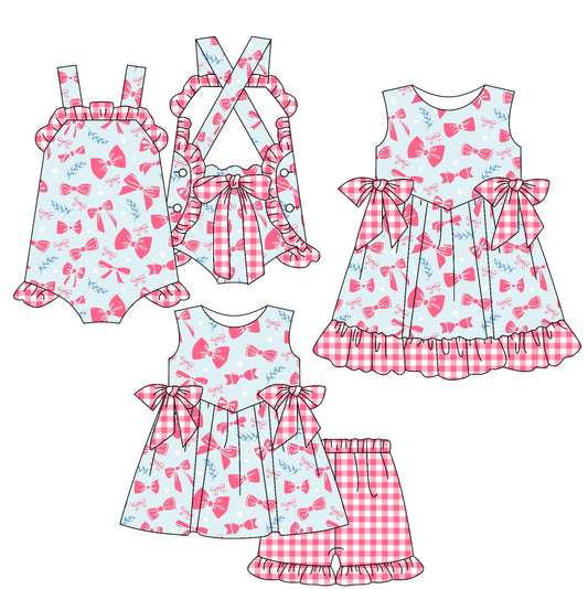 2.19 custom each style moq 5eta 4-6week Sibling Sisters bow baby girl short sleeve shorts sets and dress and rompers match family design