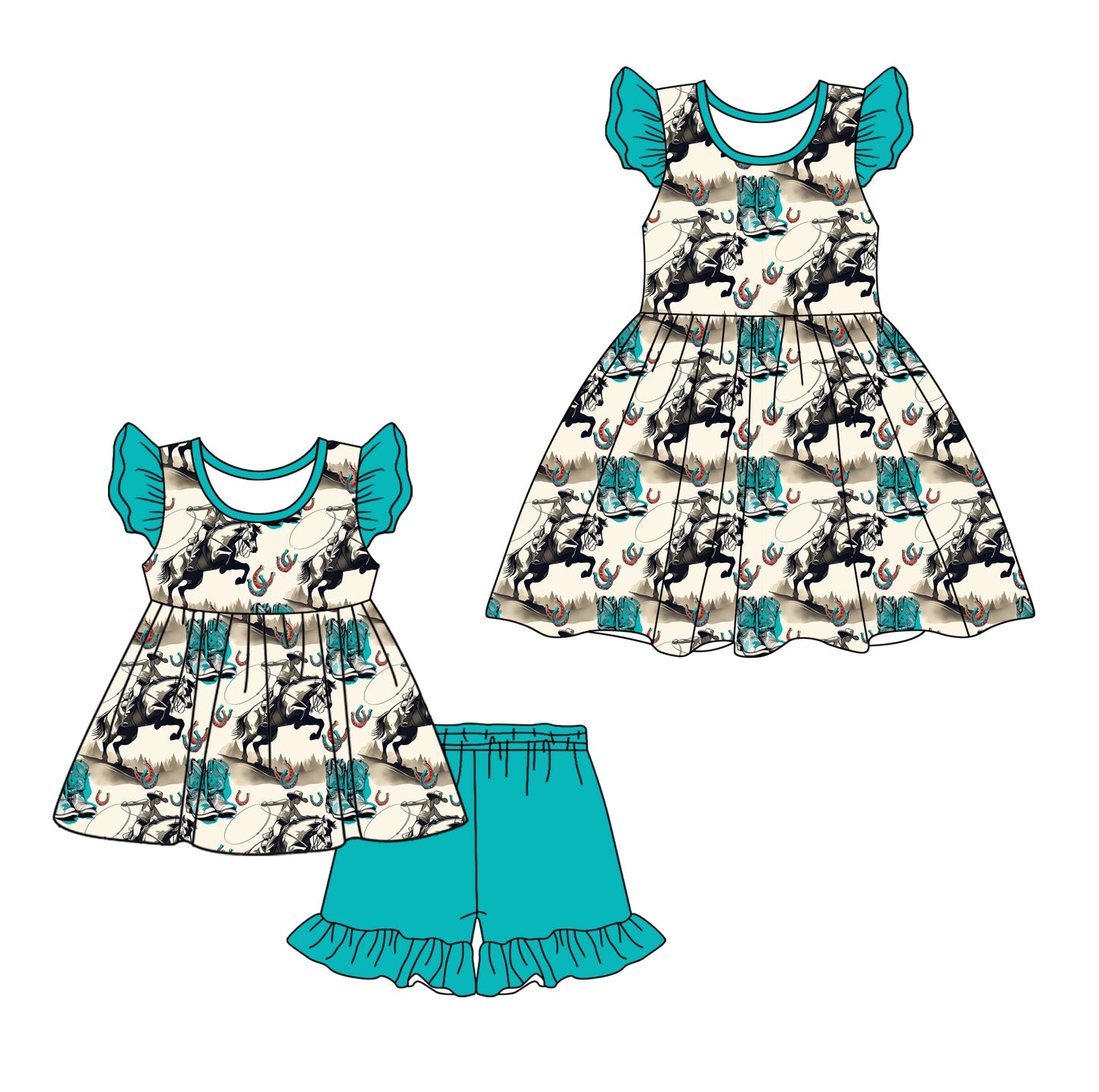 12.23 custom each style moq 5eta 4-6week Sibling Sister riding horse baby girl short sleeve shorts sets and dresses match design