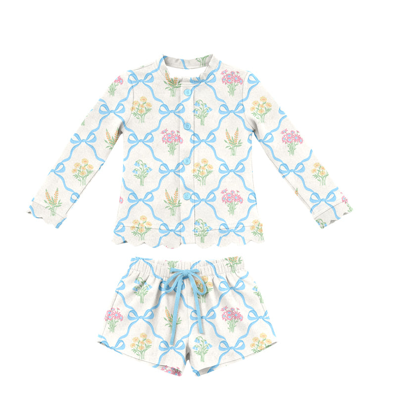 3.4 Custom moq 5 mix size Baby Girls floral Long-Sleeved Button-Down Top And Shorts Set Cute Outfit for Little Ones