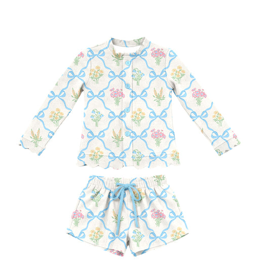 3.4 Custom moq 5 mix size Baby Girls floral Long-Sleeved Button-Down Top And Shorts Set Cute Outfit for Little Ones