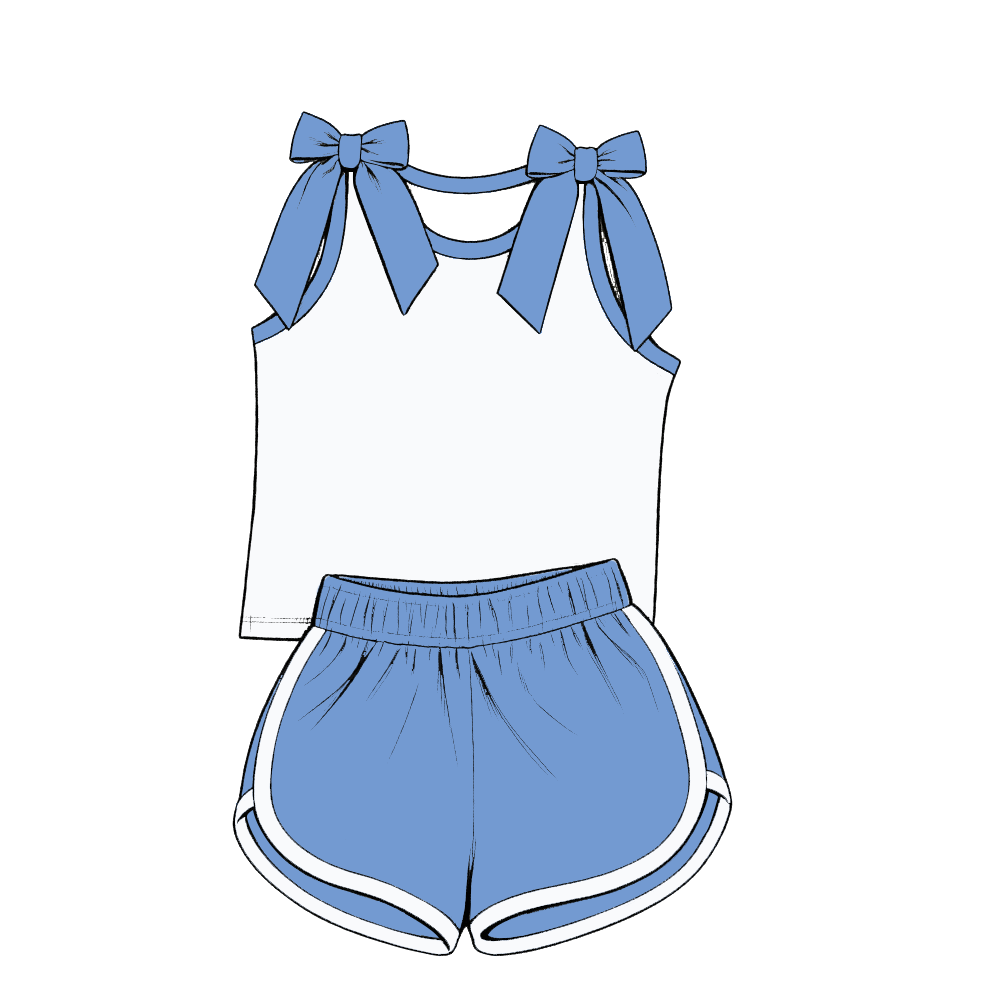 custom moq 5 mix size Baby Girls Light Blue Bow Sleeveless Top Shorts Summer Casual Clothes Set