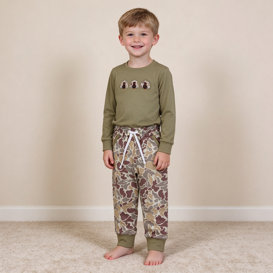 NEW RTS NO MOQ milk silk BLP1474 Embroidery Camo Turkey Baby Boys Long Sleeve Top Pockets Jogger Thanksgiving Sets
