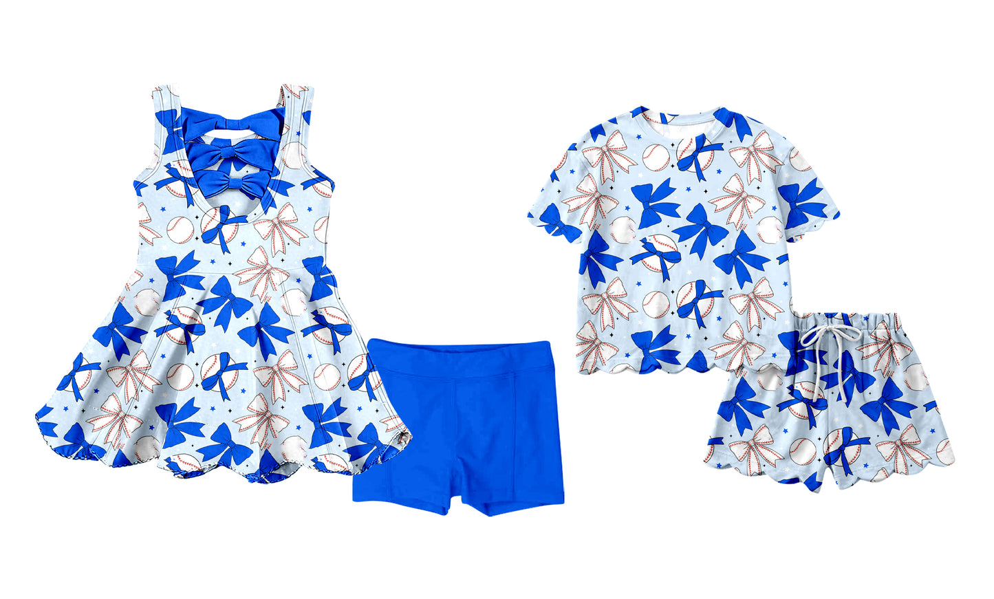 Custom moq 5 mix size Sibling Baby Girl Blue Sleeveless Yoga Dress And Shorts Outfit Short Sleeved Top And Shorts Set
