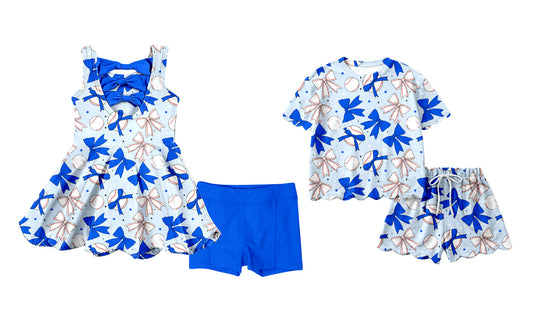 Custom moq 5 mix size Sibling Baby Girl Blue Sleeveless Yoga Dress And Shorts Outfit Short Sleeved Top And Shorts Set