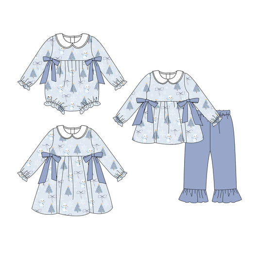 25.7.3 custom each style moq 5eta 4-6week Sibling Sisters bow blue baby girl long sleeve pants sets and dress and rompers match family design