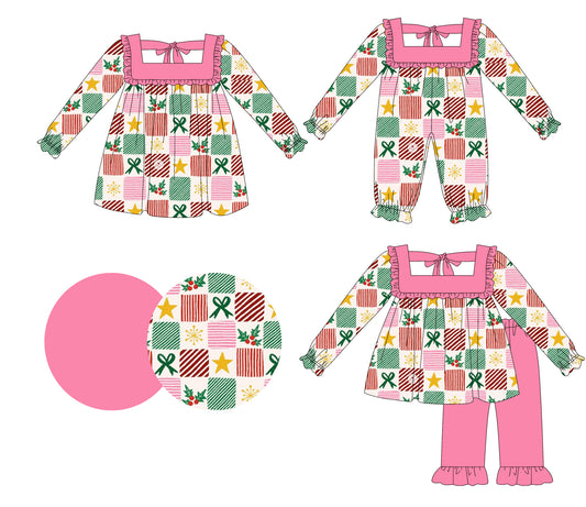 25.6.17 custom each style moq 5eta 4-6week Sibling Sisters Christmas bow baby girl long sleeve pants sets and dress and rompers match family design