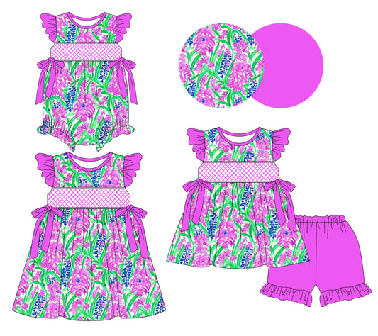 3.11 custom each style moq 5eta 4-6week Sibling Sisters floral baby girl short sleeve shorts sets and dress and rompers match family design