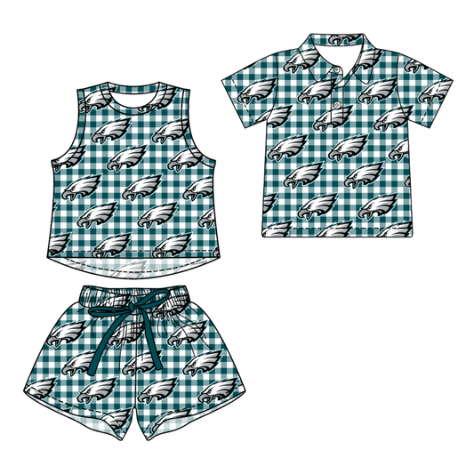 Custom moq 5 mix size milk silk summer teams Girls Green Checked Top And Drawstring Short Sets Boys Checked Short Sleeve Button Polo Shirt Top