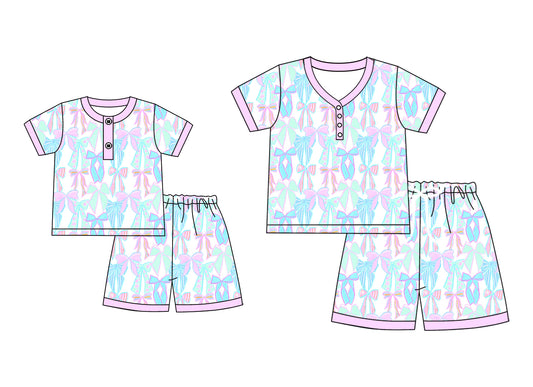 4.24 custom each style moq 5eta 4-6week Sibling Sister bow short sleeve shorts sets and adult sets match design