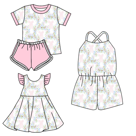 3.13 custom each style moq 5eta 4-6week Sibling Sister floral bow baby girl short sleeve shorts sets and dresses and jumpsuit match design