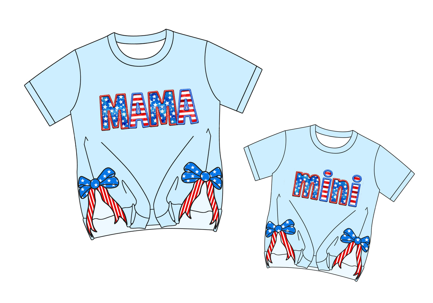 3.25 Custom moq 5 mix size Sibling Mom And Me Blue Short-Sleeved 4th of July Top Summer Clothing