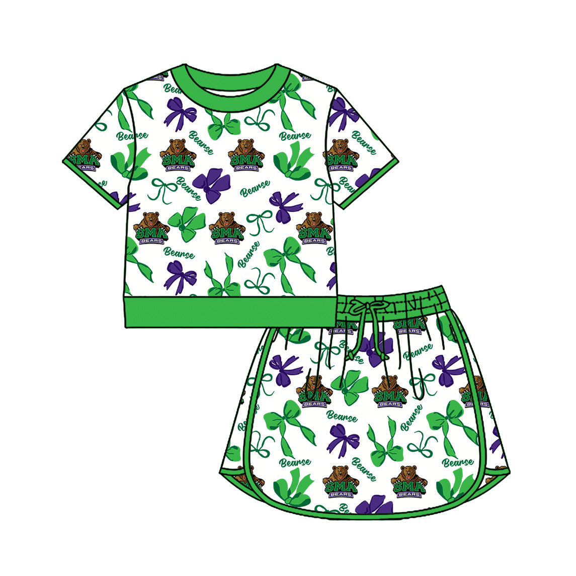 Custom moq 5 mix size milk silk summer teams Girls Green Polka Dot Top Shorts Set Top Skirt Short Set Zipper Pullover Jogger Pants Set