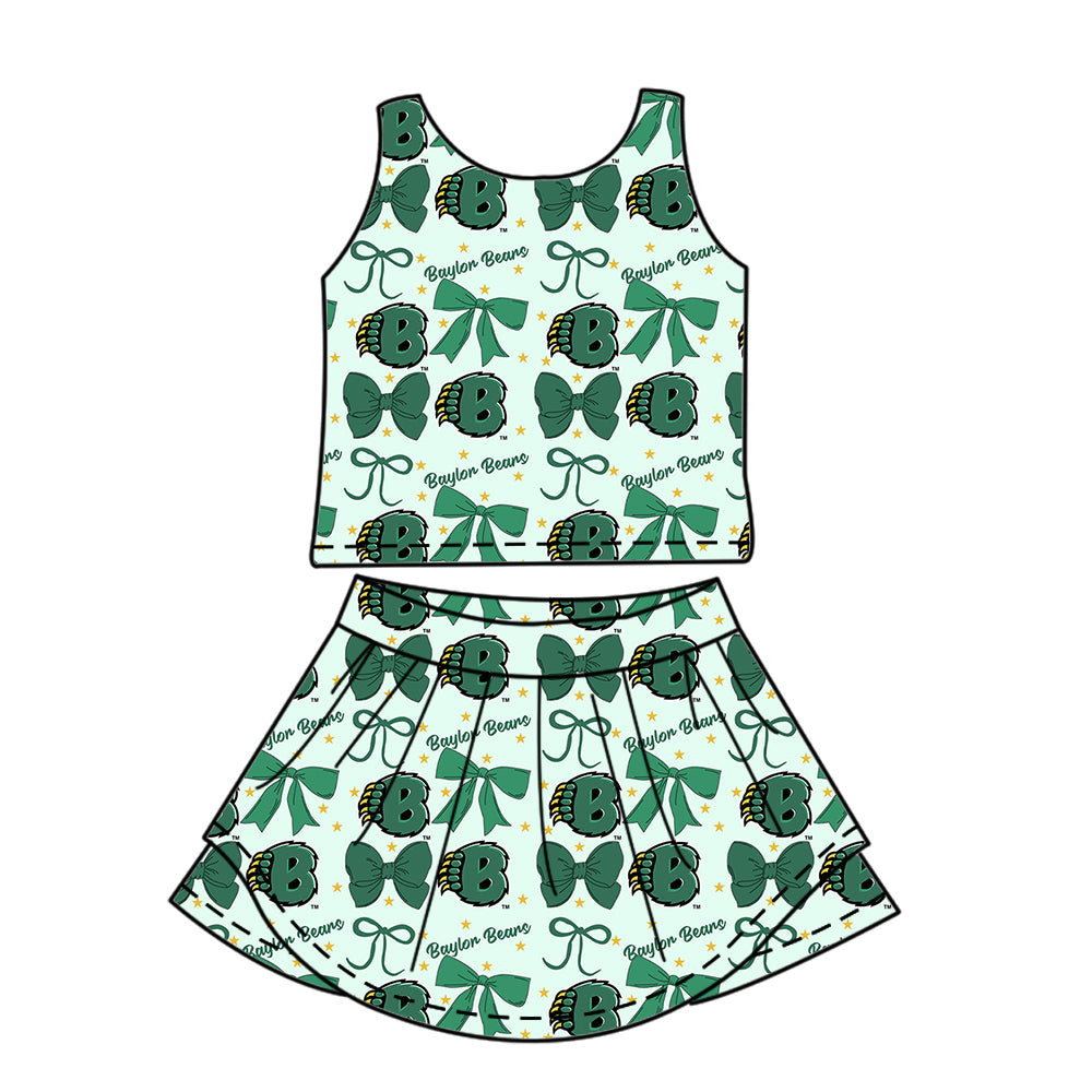 Custom moq 5 mix size milk silk summer teams baby girls clothes team bow green sleeveless skirts sets and dress 1 and dress 2 and top-25.6.21