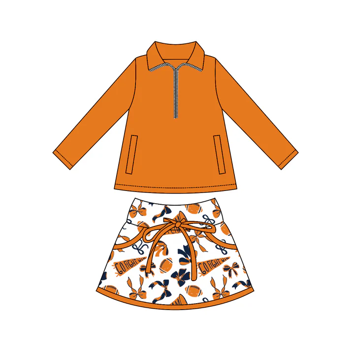 Custom moq 5 each style eta 6-7weeks baby girl clothes team orange long sleeve skirt sets-25.8.4