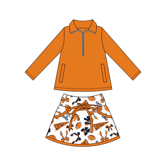 Custom moq 5 each style eta 6-7weeks baby girl clothes team orange long sleeve skirt sets-25.8.4