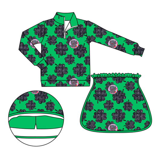 Custom moq 5 mix size milk silk baby girl clothes dark green long sleeve skirts sets