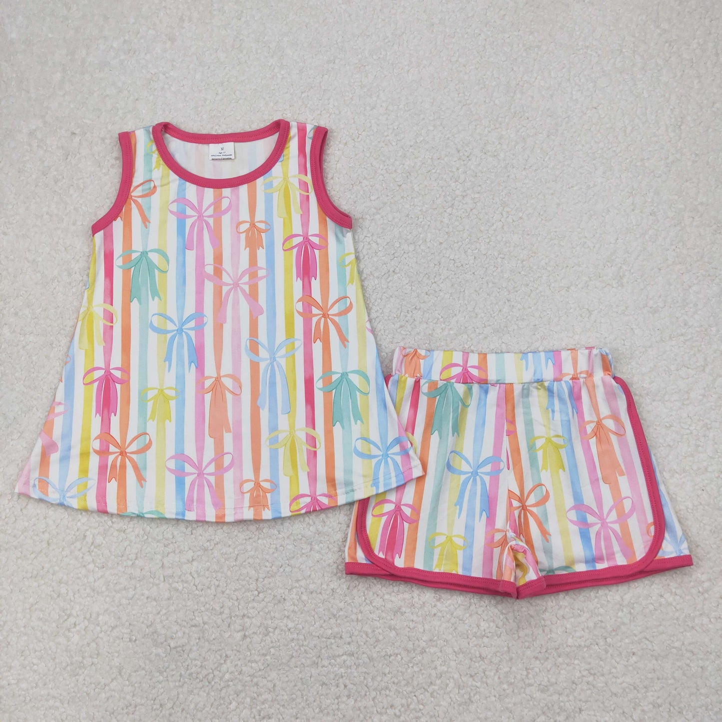 RTS NO MOQ GSSO2465 Bow pattern colorful striped sleeveless shorts set