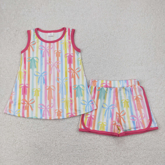 RTS NO MOQ GSSO2465 Bow pattern colorful striped sleeveless shorts set