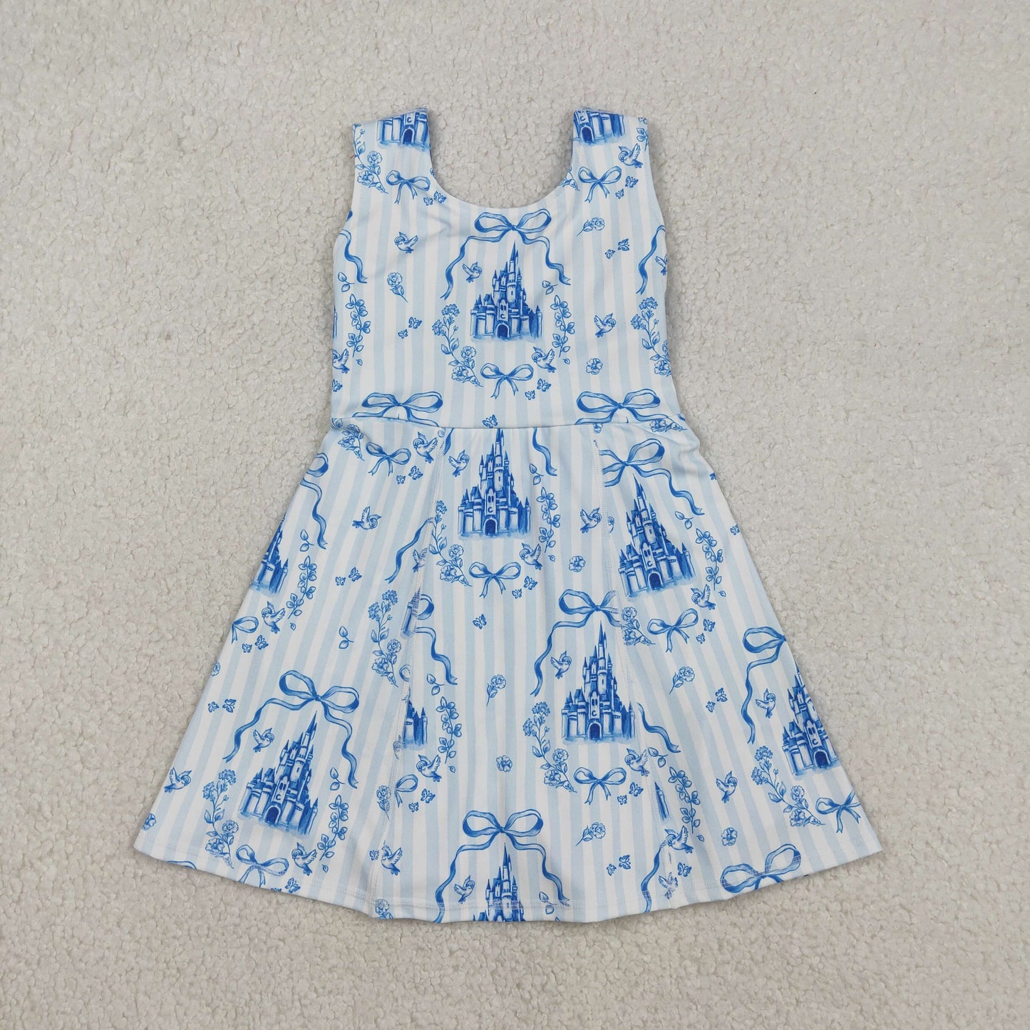 RTS NO MOQ（In Stock) Bow Pattern Dream Blue Striped Yoga Sleeveless Dress