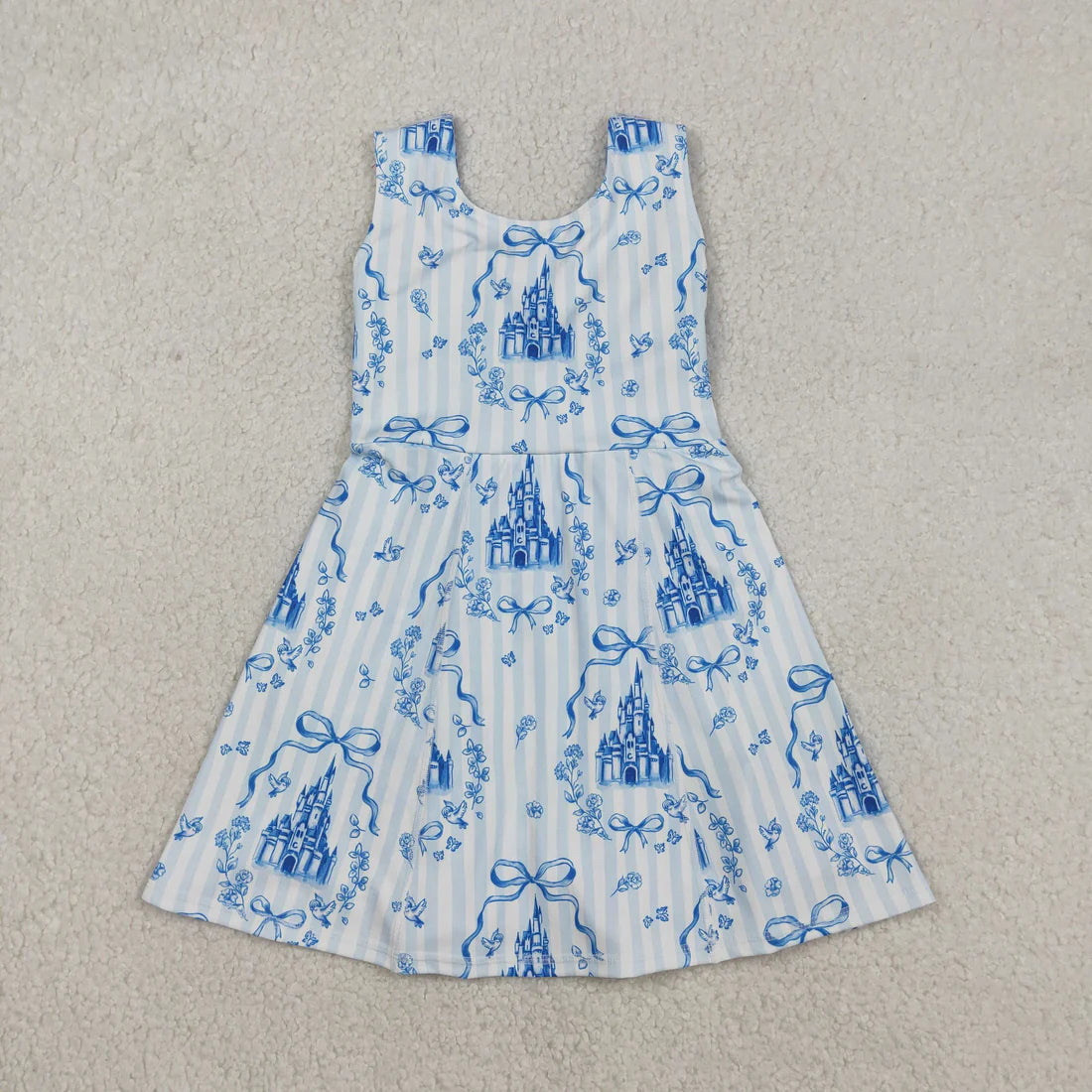 Best Sell RTS Baby Girls Knee Length Checked Dress with Blue Bows Castles Yoga Active Shorts for Toddlers