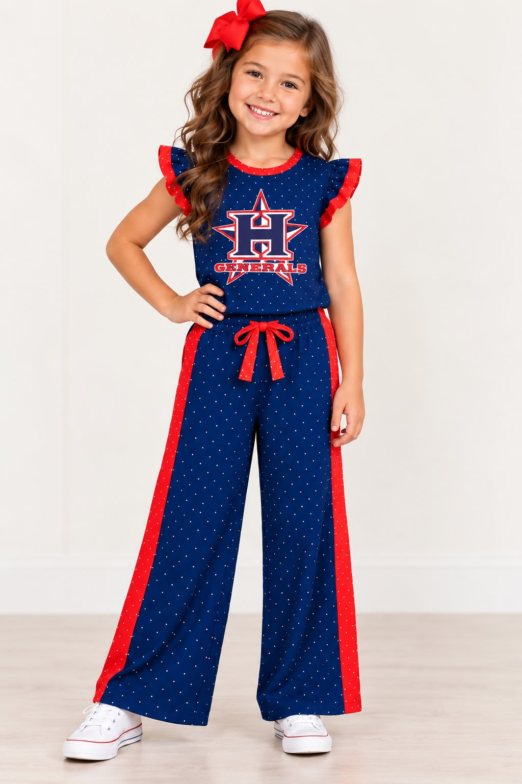 custom moq 5 mix size VICTORIA0101 Baby Girls Navy Blue Polka Dot Ruffle Sleeve Top And Wide Leg Pants Team Set