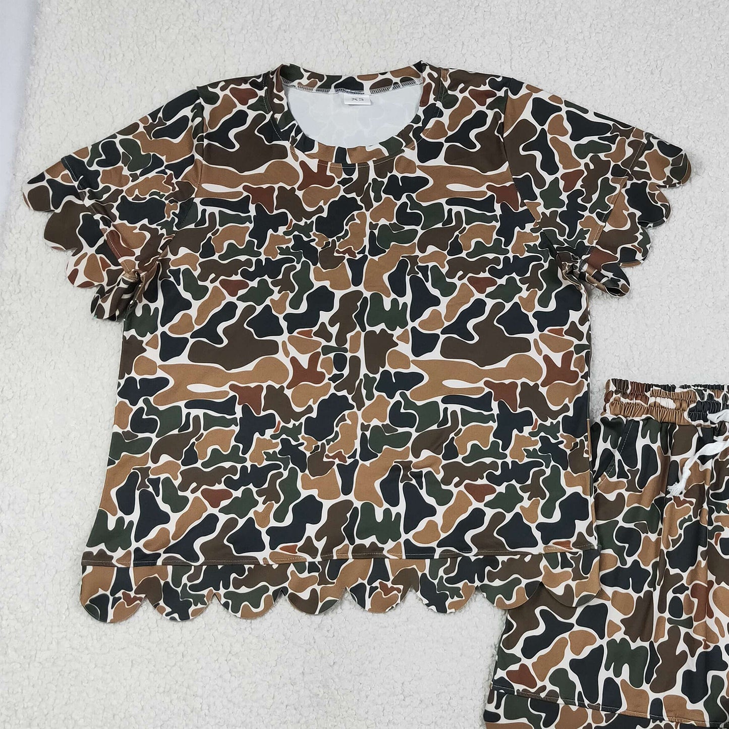 RTS NO MOQ milk silk GSSO3234 Women Dark Brown Camo Scallop Trim Short Outfit