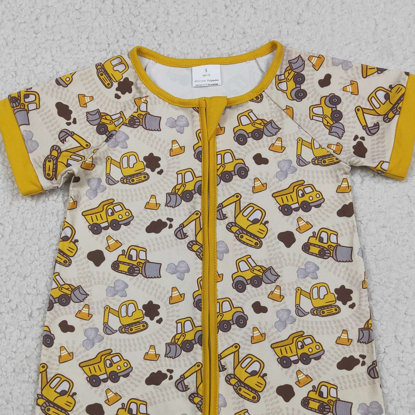 RTS NO MOQ milk silk SR4183 Baby Boys Excavator And Tractor Print Short Sleeve Zipper Romper