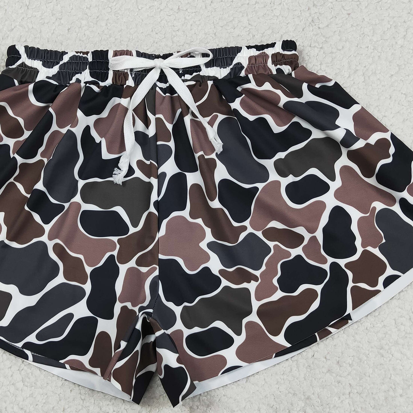 RTS NO MOQ SS0768 Adult Women Yoga Active Shorts Dark Brown Camo Ruffle Hem Casual Bottoms
