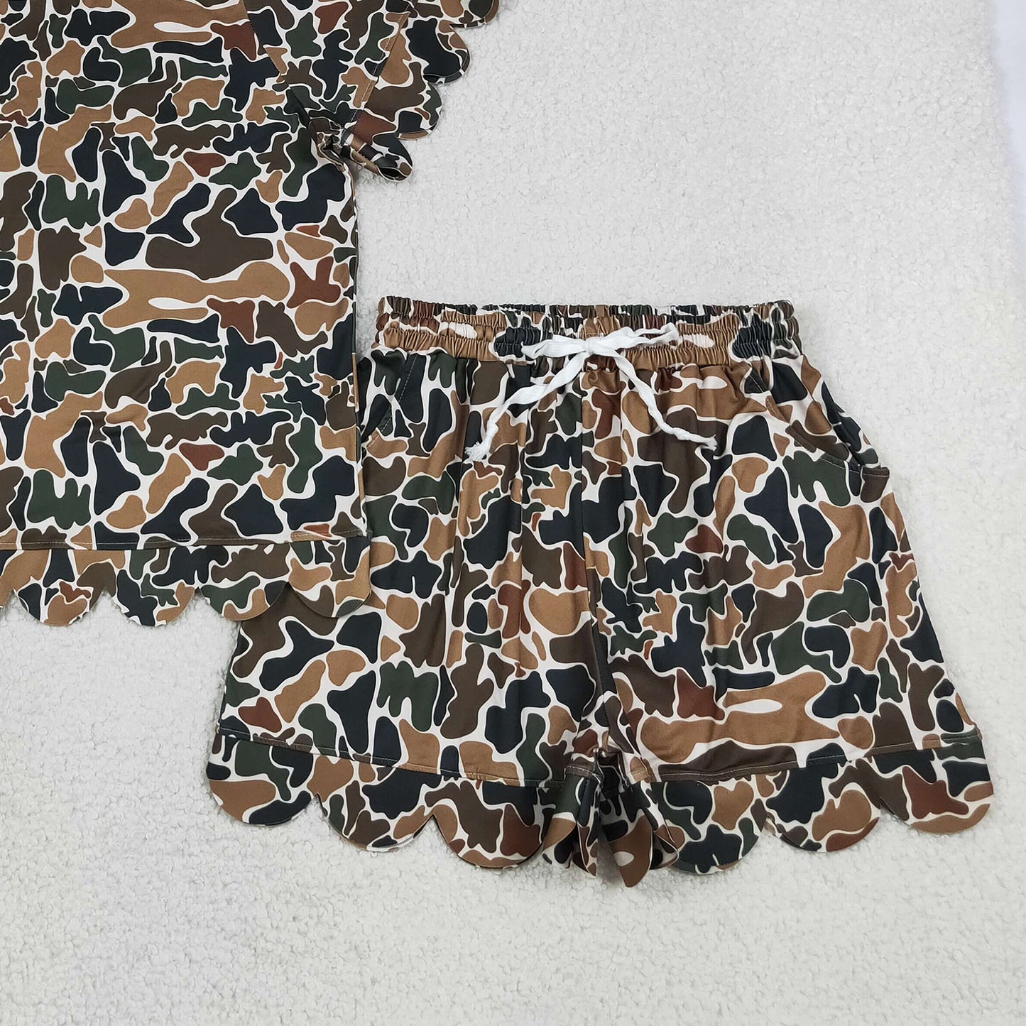RTS NO MOQ milk silk GSSO3234 Women Dark Brown Camo Scallop Trim Short Outfit