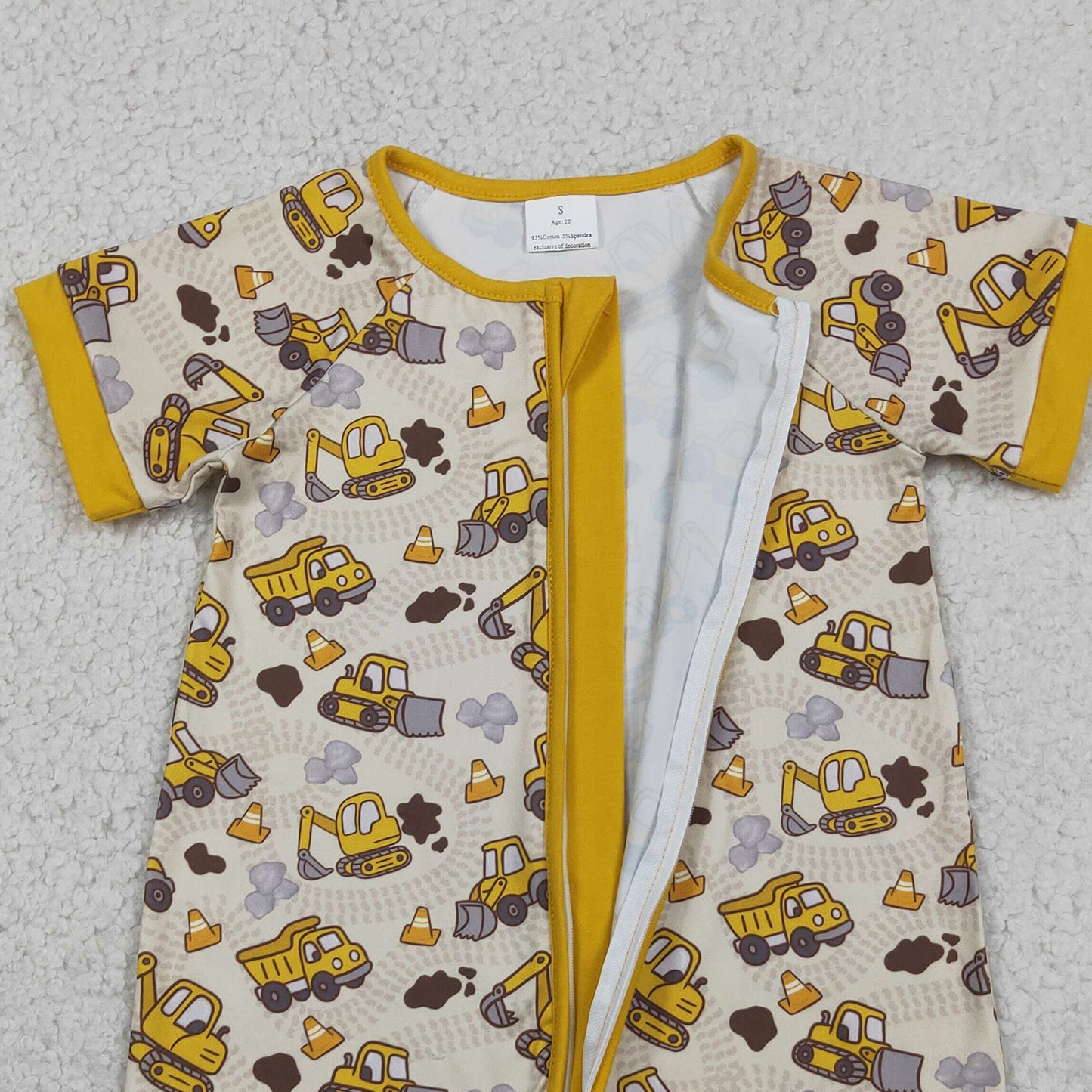 RTS NO MOQ milk silk SR4183 Baby Boys Excavator And Tractor Print Short Sleeve Zipper Romper