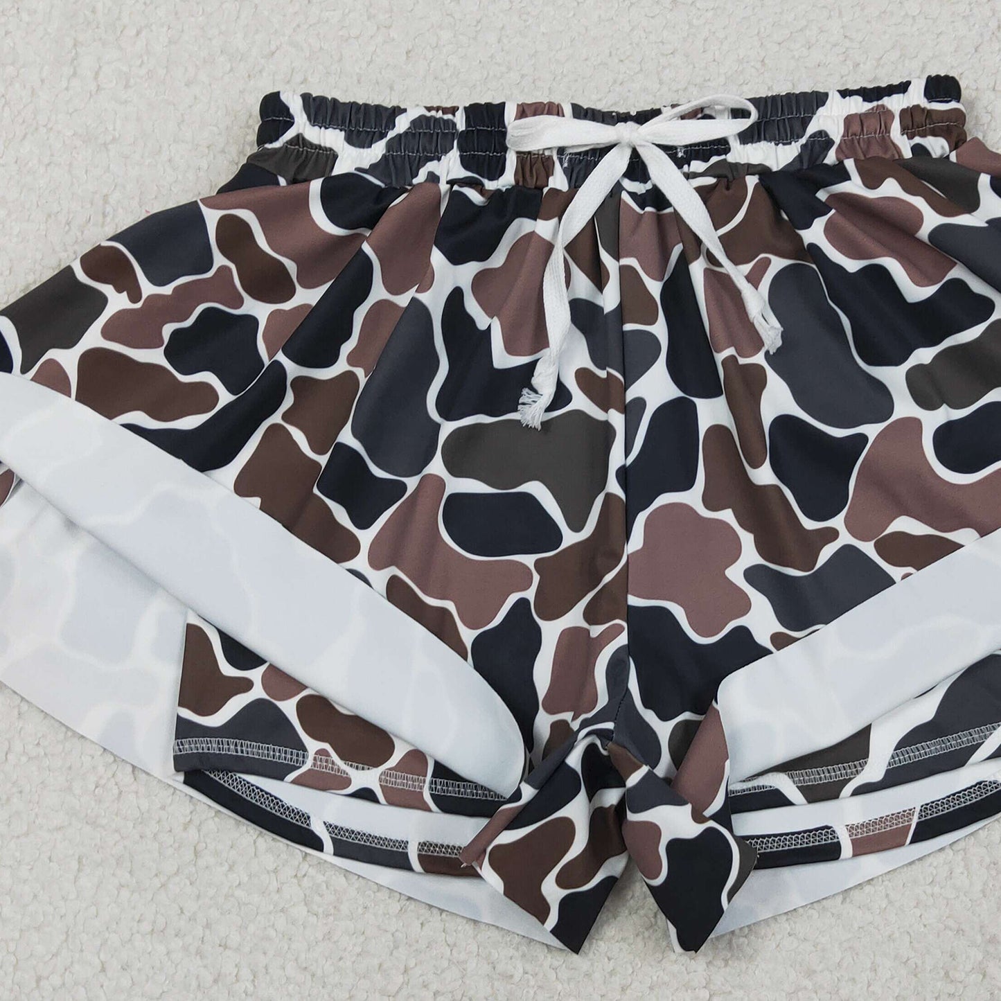RTS NO MOQ SS0768 Adult Women Yoga Active Shorts Dark Brown Camo Ruffle Hem Casual Bottoms
