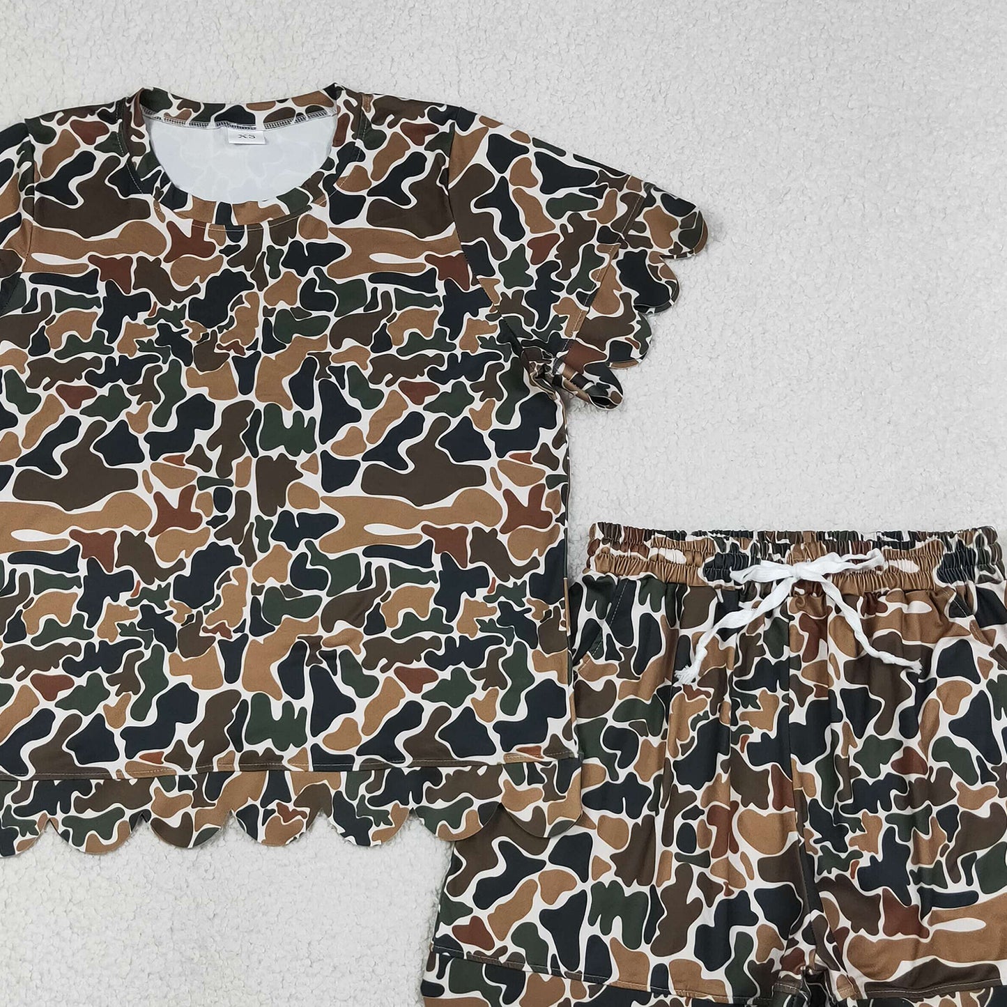 RTS NO MOQ milk silk GSSO3234 Women Dark Brown Camo Scallop Trim Short Outfit