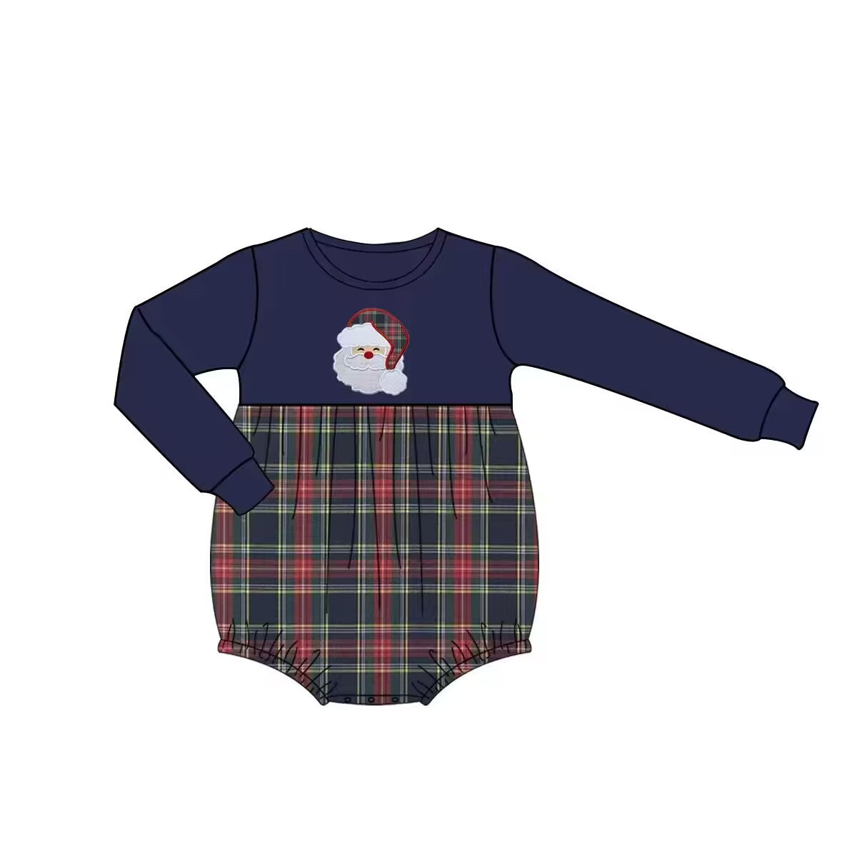 Custom moq 3 eta 6-8weeks   Santa Claus Navy Blue Plaid Long Sleeve Romper