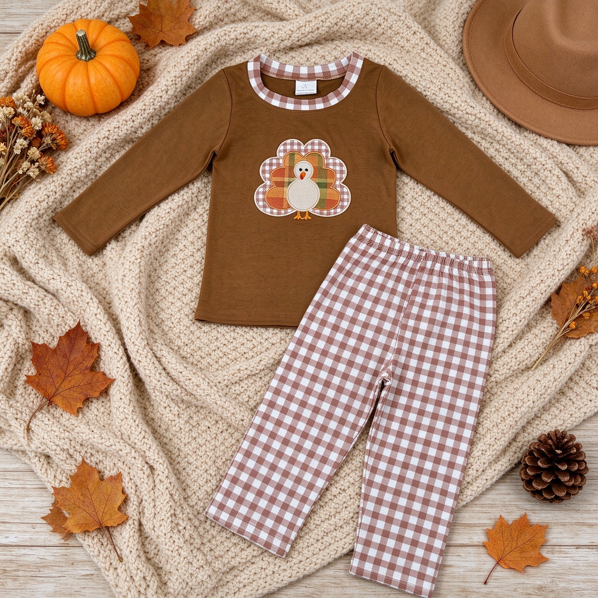NEW RTS NO MOQ milk silk BLP1516 Embroidery Turkey Baby Boys Long Sleeve Top Checked Pants Thanksgivings Set
