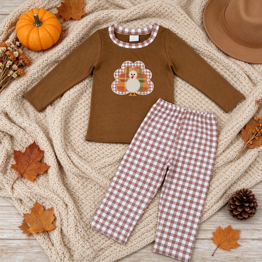 NEW RTS NO MOQ milk silk BLP1516 Embroidery Turkey Baby Boys Long Sleeve Top Checked Pants Thanksgivings Set