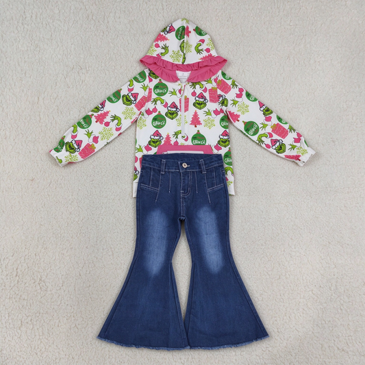 NEW RTS NO MOQ Denim GT1164+ P0457 Cute Clothes Baby Girls Christmas Print Ruffle Hoodie Zip Top Dark Denim Bell Bottom Pants Set